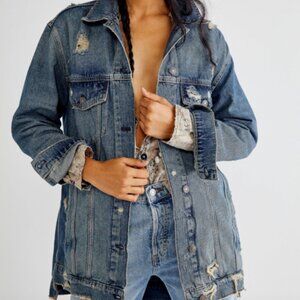Free People Destroyed Long & Lean Trucker Jean Jacket